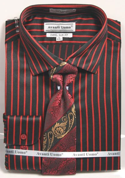 Men's Slim Fit Spread Collar Dress Shirt & Tie Set in Bold Black & Red Gangster Pinstripe Earthy Men's Sustainable 