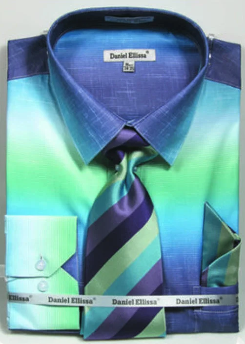 Men's Multi-Color Faded Print Dress Shirt & Tie Set in Aqua Blue Unique Men's Upcycled