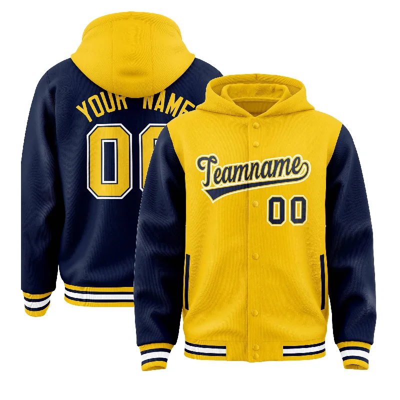 Custom Gold Navy Raglan Sleeves Varsity Full-Snap Letterman Two Tone Jacket Hoodie Refined Men's European Custom Gold Navy Raglan Sleeves Varsity Full-Snap Letterman Two Tone Jacket Hoodie Refined Men's European