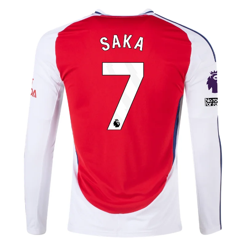 adidas Arsenal Bukayo Saka Home Long Sleeve Jersey w/ EPL + No Room For Racism Patches 24/25 (Better Scarlet/White) Earthy Men's Sustainable adidas Arsenal Bukayo Saka Home Long Sleeve Jersey w/ EPL + No Room For Racism Patches 24/25 (Better Scarlet/White) Earthy Men's Sustainable