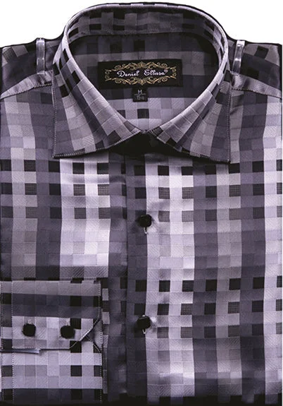 Men's Regular Fit Fancy Tonal Square Pattern Sports Shirt in Black Sporty Men's Tennis