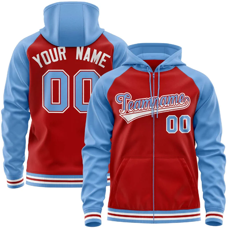 Custom Stitched Red Powder Blue Raglan Sleeves Sports Full-Zip Sweatshirt Hoodie Sophisticated Men's French Custom Stitched Red Powder Blue Raglan Sleeves Sports Full-Zip Sweatshirt Hoodie Sophisticated Men's French