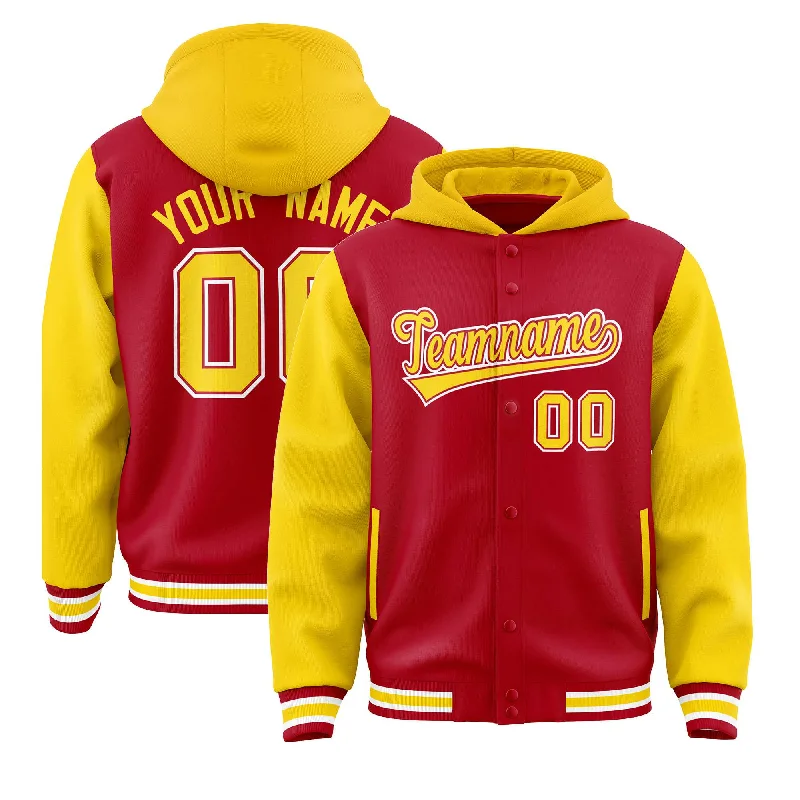 Custom Red Gold Raglan Sleeves Varsity Full-Snap Letterman Two Tone Jacket Hoodie Trendy Men's Scandinavian Custom Red Gold Raglan Sleeves Varsity Full-Snap Letterman Two Tone Jacket Hoodie Trendy Men's Scandinavian