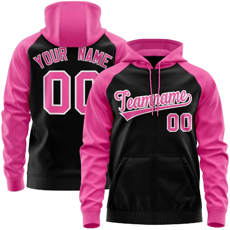 Custom Stitched Black Pink Raglan Sleeves Sports Full-Zip Sweatshirt Hoodie Practical Men's Multi Custom Stitched Black Pink Raglan Sleeves Sports Full-Zip Sweatshirt Hoodie Practical Men's Multi
