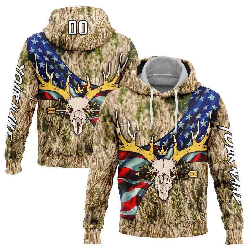 Custom Stitched City Cream White-Black 3D American Flag And Deer Skull Hunting Sports Pullover Sweatshirt Hoodie Edgy Men's Punk Custom Stitched City Cream White-Black 3D American Flag And Deer Skull Hunting Sports Pullover Sweatshirt Hoodie Edgy Men's Punk