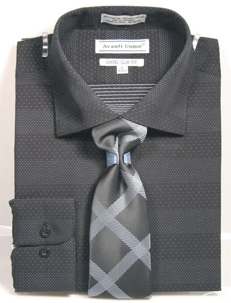 Men's Spread Collar Mini Dot Dress Shirt & Tie Set in Black Sporty Men's Athleisure 