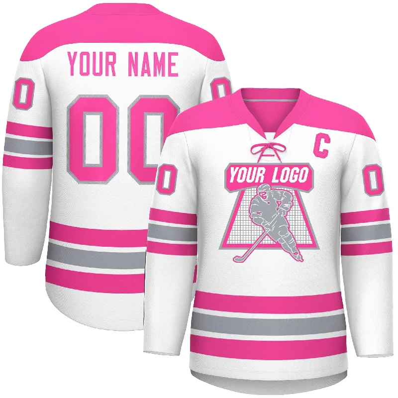Custom White Pink Gray Personalized Classic Lace-Up Neck Hockey Jersey Youthful Men's Anime