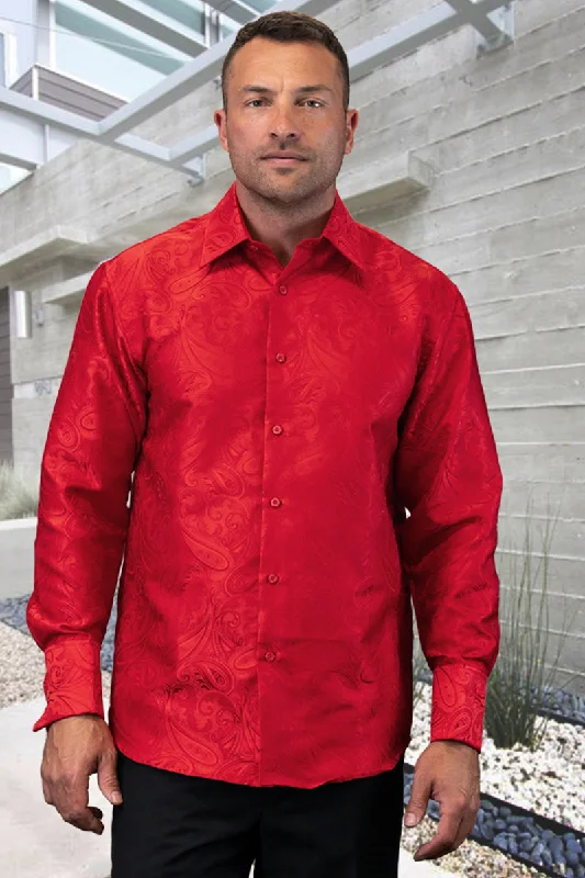 Men's Fancy Long Sleeve Woven Paisley Dress Shirt in Red Athletic Men's Compression