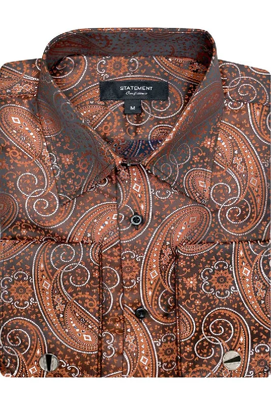 Men's Fancy French Cuff Long Sleeve Dress Shirt in Orange Brick Paisley Organic
