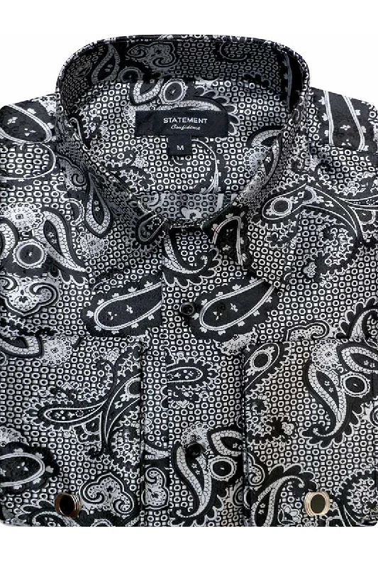 Men's Fancy French Cuff Long Sleeve Dress Shirt in Black Paisley Print Classic Men's Pin