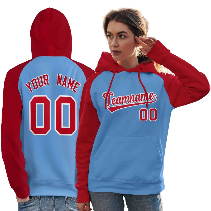 Custom Stitched Powder Blue Red Raglan Sleeves Sports Pullover Sweatshirt Hoodie For Women Youthful Men's Pop Custom Stitched Powder Blue Red Raglan Sleeves Sports Pullover Sweatshirt Hoodie For Women Youthful Men's Pop
