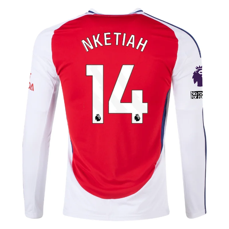 adidas Arsenal Eddie Nketiah Home Long Sleeve Jersey w/ EPL + No Room For Racism Patches 24/25 (Better Scarlet/White) Masculine Men's Thick adidas Arsenal Eddie Nketiah Home Long Sleeve Jersey w/ EPL + No Room For Racism Patches 24/25 (Better Scarlet/White) Masculine Men's Thick