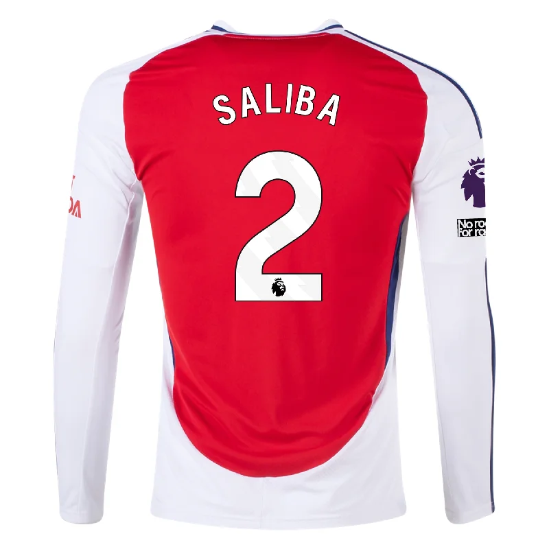 adidas Arsenal William Saliba Home Long Sleeve Jersey w/ EPL + No Room For Racism Patches 24/25 (Better Scarlet/White) Relaxed Men's Australian 