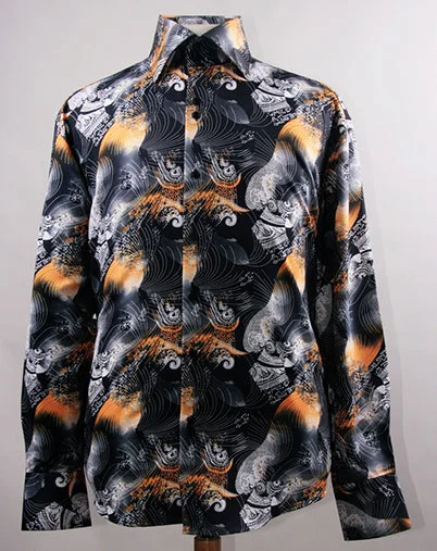 Men's Regular Fit Fancy Tonal Japanest Wave Pattern Sports Shirt in Black & Orange Refined Men's Velvet