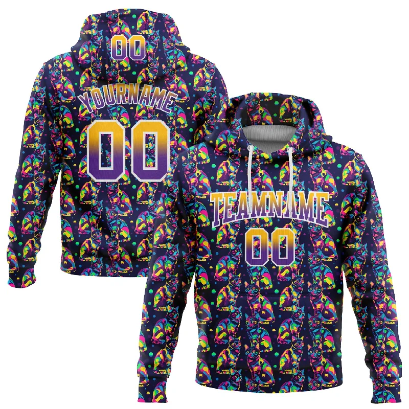 Custom Stitched Purple Gold-White Fade 3D Pattern Design Colorful Animal Cat Sports Pullover Sweatshirt Hoodie Tough Men's Tactical Custom Stitched Purple Gold-White Fade 3D Pattern Design Colorful Animal Cat Sports Pullover Sweatshirt Hoodie Tough Men's Tactical
