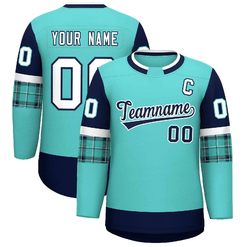 Custom Bright Green Navy Personalized Raglan Sleeves Round-Neck Hockey Jersey Unique Men's Patch