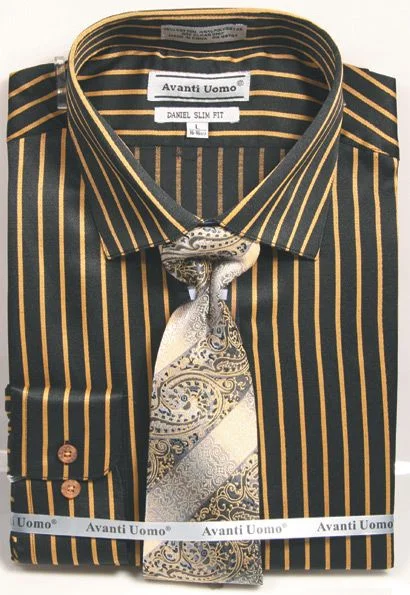 Men's Slim Fit Spread Collar Dress Shirt & Tie Set in Bold Black & Gold Gangster Pinstripe Elegant Men's Cashmere