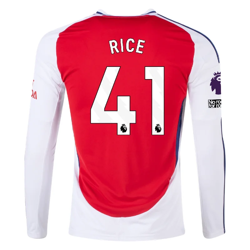 adidas Arsenal Declan Rice Home Long Sleeve Jersey w/ EPL + No Room For Racism Patches 24/25 (Better Scarlet/White) Unique Men's Upcycled adidas Arsenal Declan Rice Home Long Sleeve Jersey w/ EPL + No Room For Racism Patches 24/25 (Better Scarlet/White) Unique Men's Upcycled