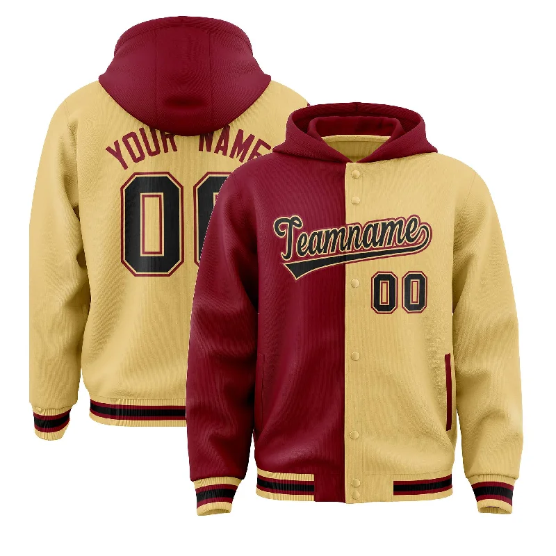Custom Crimson Khaki Split Fashion Varsity Full-Snap Letterman Two Tone Jacket Hoodie Refined Men's Classic Custom Crimson Khaki Split Fashion Varsity Full-Snap Letterman Two Tone Jacket Hoodie Refined Men's Classic