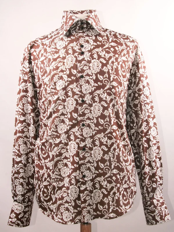 Men's Regular Fit Fancy Floral Pattern Sports Shirt in Brown & White Gym