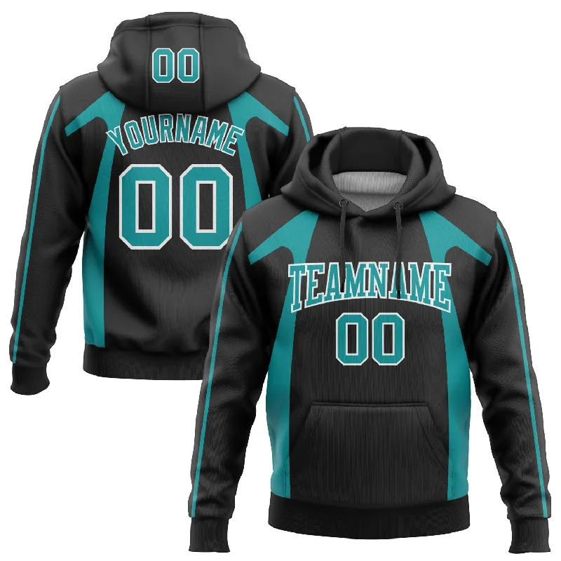 Custom Stitched Black Teal-White 3D Pattern Design Segmentation Patchwork Stripe Sports Pullover Sweatshirt Hoodie Elegant Men's Formal 