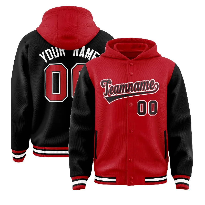 Custom Red Black Raglan Sleeves Varsity Full-Snap Letterman Two Tone Jacket Hoodie Trendy Men's Scandinavian Custom Red Black Raglan Sleeves Varsity Full-Snap Letterman Two Tone Jacket Hoodie Trendy Men's Scandinavian
