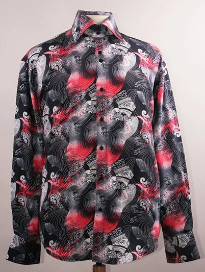 Men's Regular Fit Fancy Tonal Japanest Wave Pattern Sports Shirt in Black & Red Artistic Men's Avant