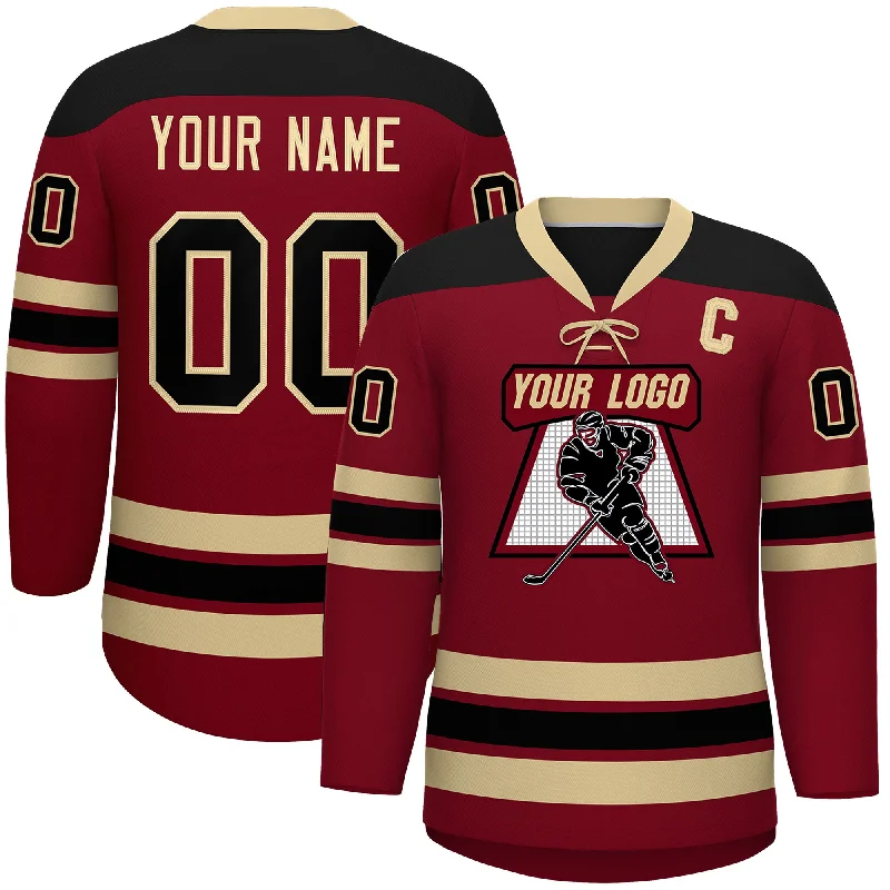 Custom Crimson Khaki Black Personalized Classic Lace-Up Neck Hockey Jersey Laid