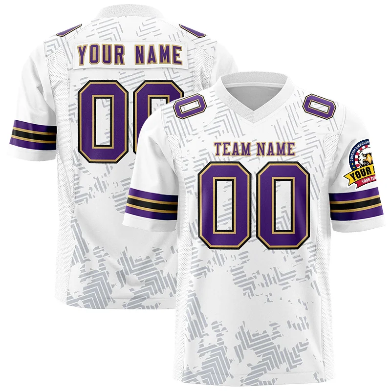 Custom White Purple-Old Gold Personalized Graffiti Line Design Authentic Football Jersey Laid