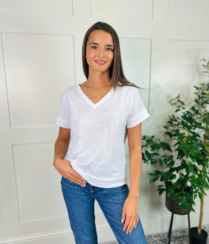 White Linen Blend V Neck Tee Artistic Men's Hand