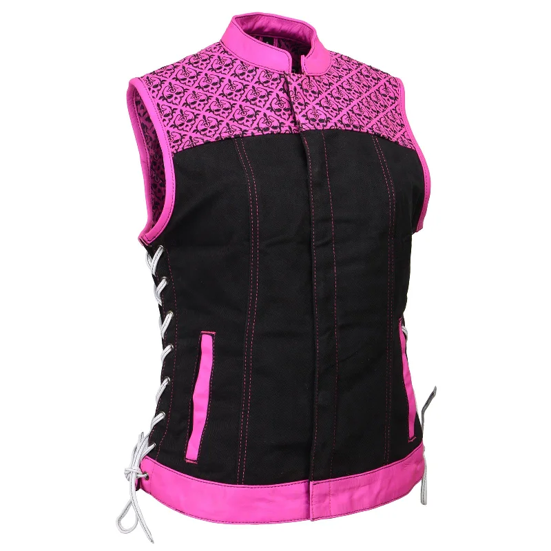 Milwaukee Leather MDL4051 Women's 'Skelly' Black with Pink Motorcycle Denim Vest w/ Skull Embroidery Practical Men's Quick
