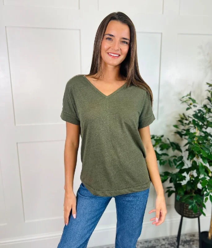 Khaki Linen Blend V Neck Tee Refined Men's Velvet